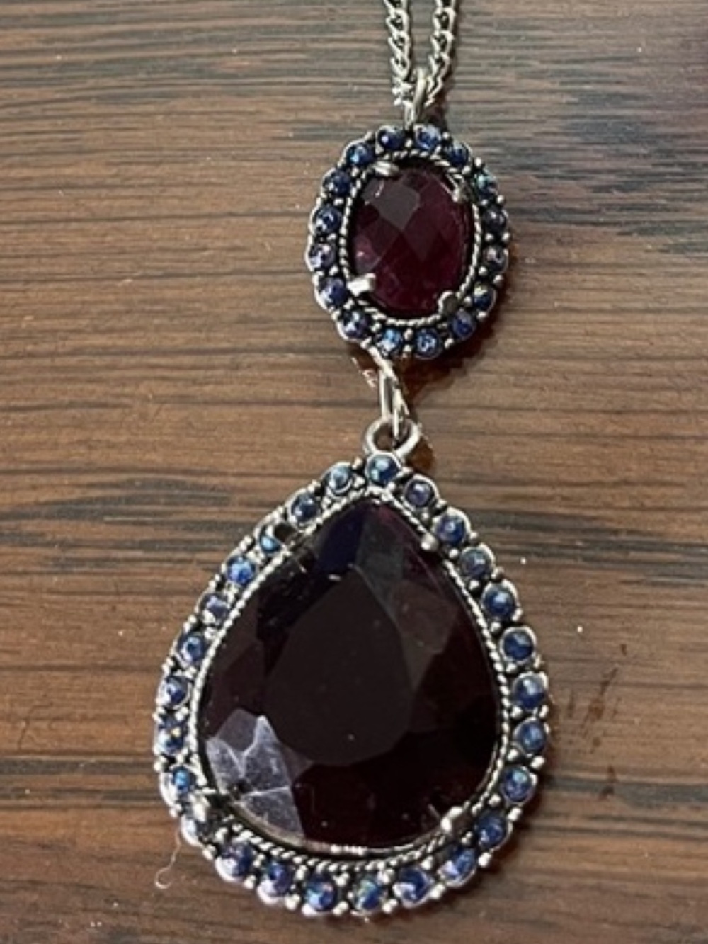 10/$10 Silver Necklace with Dark Red Teardrop w/ blue stone accents